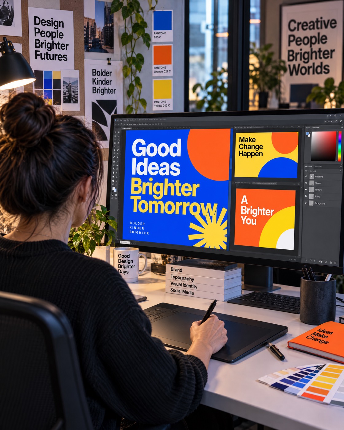 A designer builds bold social posts on a large screen.