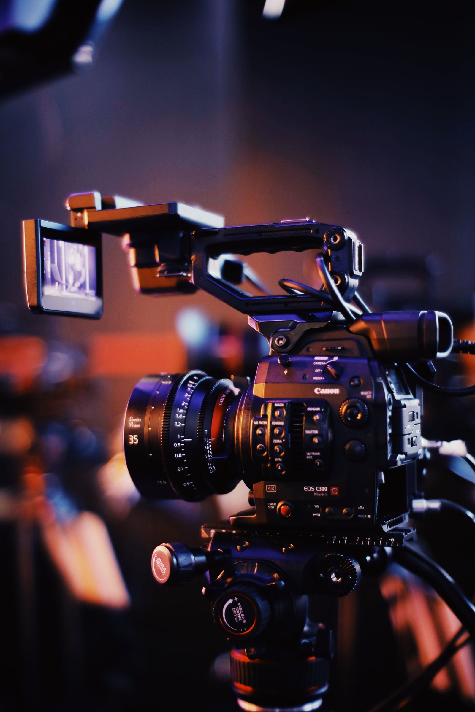 A cinema camera on a rig.
