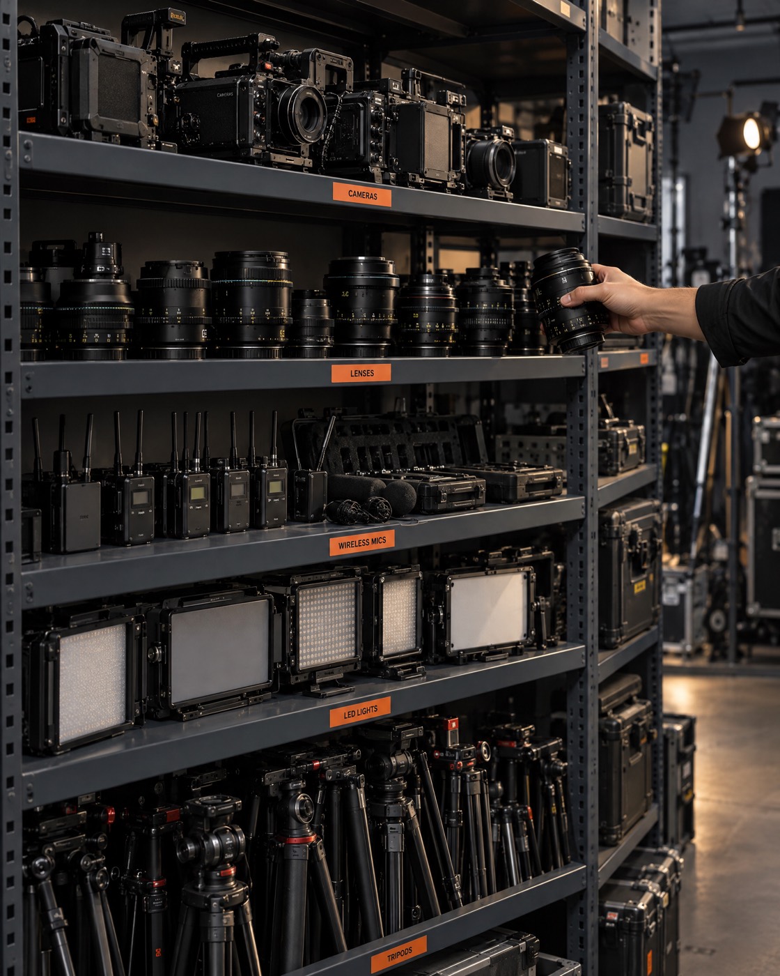 Cameras, lenses and lights on studio shelves.